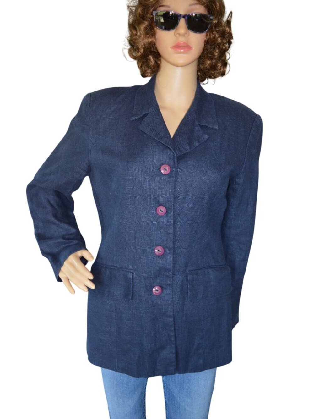 Vintage 90s Ann Gerlin 100% Linen Navy Blue Blazer Women's Size 8 Retro Career